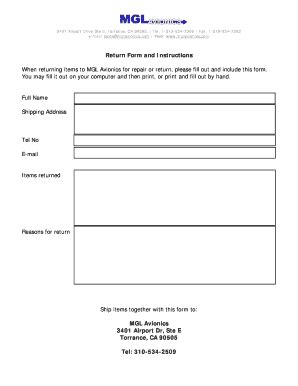 Fillable Online Return Form And Instructions When Returning Items To