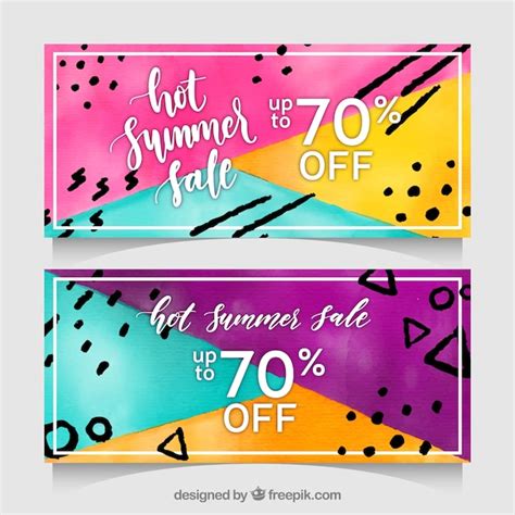 Banners De Venta De Verano Con Memphis En Estilo Acuarela Vector Gratis