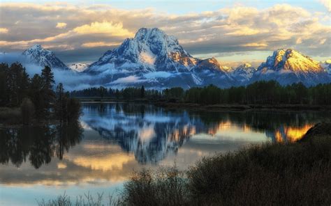 Nature Landscape Mountain River Forest Grass Sunrise Snowy Peak Sky