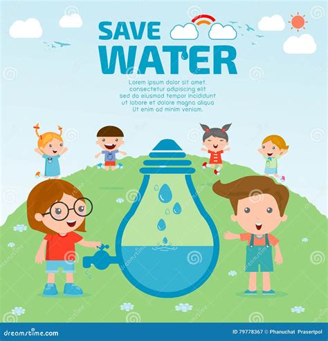 Kids for Save Water Concept, Ecology Save the Water, Water Conservation Concept.Vector ...