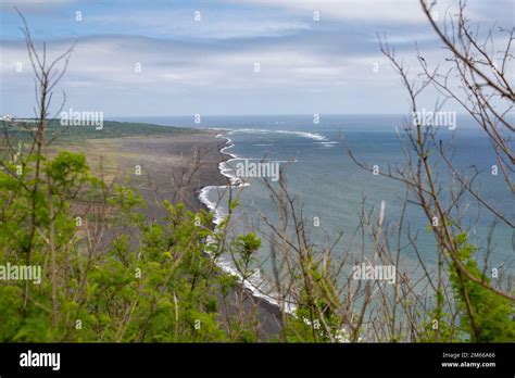 The volcanic ash beaches are visible from the top of Mount Suribachi, Iwo Jima, Japan, April 6 ...