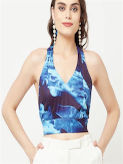 Buy Attic Salt Blue Print Halter Neck Bralette Crop Top Tops For