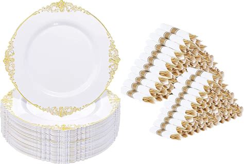 Amazon Nervure 10 25Inch 100PCS White And Gold Plastic Plates