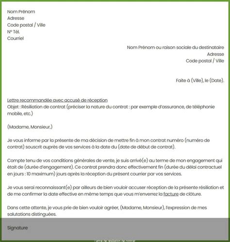 Lettre R Siliation De Contrat Mod Le De Contrat