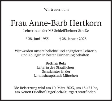 Traueranzeigen Von Anne Barb Hertkorn Trauer Merkur De