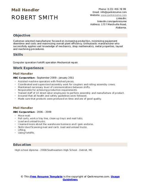 Mail Handler Resume Sample