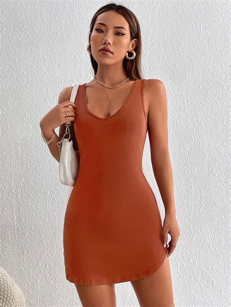 SHEIN PETITE Vestido tank unicolor de espalda abierta con cordón bajo