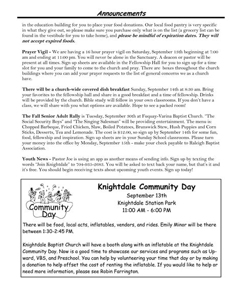 Knightdale Baptist Church Aug. 31 Worship Bulletin | PDF