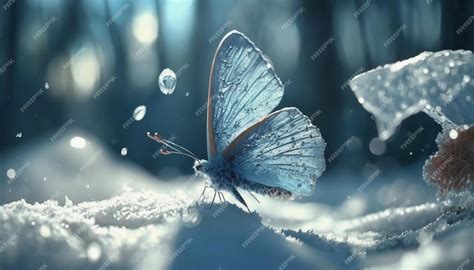 Premium Photo | In ice and snowa light blue ice butterfly falls