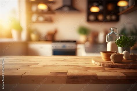 Wooden Table Top On Blur Kitchen Living Room Counter Background For