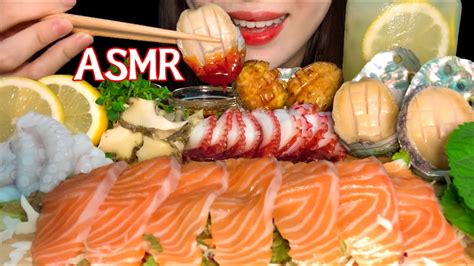 자막asmr 해산물🐙연어 전복 낙지 문어 고둥 리얼사운드 먹방raw Seafood Salmon Abalone Octopus