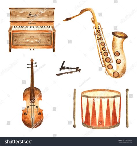 Cute Watercolor Musical Instruments Including Piano Violin Saxophone