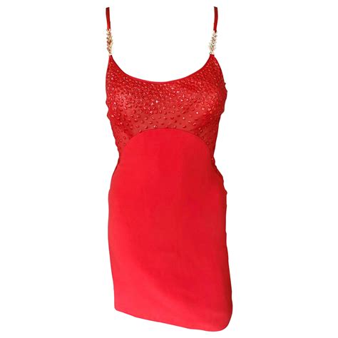 Gianni Versace Fw 1996 Runway Vintage Embellished Sheer Red Evening Mini Dress For Sale At