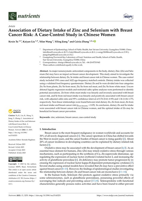 Pdf Association Of Dietary Intake Of Zinc And Selenium With Breast