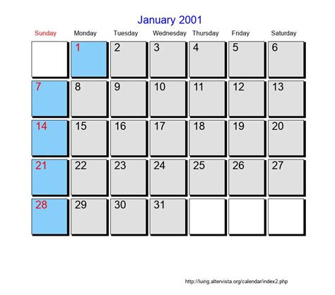 January 2001 Roman Catholic Saints Calendar