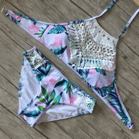 Fashion Pink Green Leaf Print High Neck Halter Back Knot White Weave Hollow Two Piece Bikini