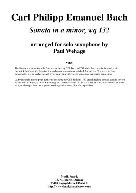 C P E Bach Sonata In A Minor Wq 132 Arranged For Alto Saxophone