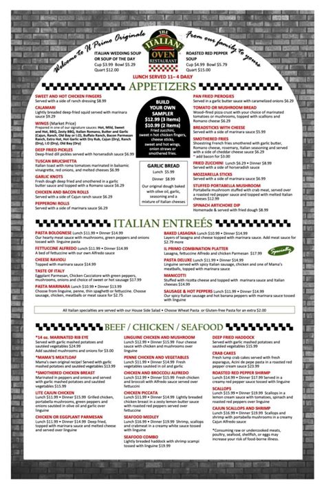 Menu Italian Oven Somerset