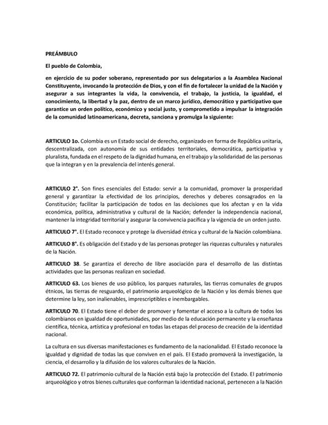 Constitución Politica Ambiental PREMBULO El pueblo de Colombia en