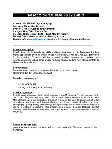 Fillable Online Arts Ufl Edusiteassetsdigital Imaging Course Syllabus