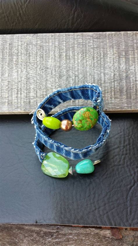 Upcycled One Of A Kind Denim And Bead Wrap Bracelet Beaded Wraps