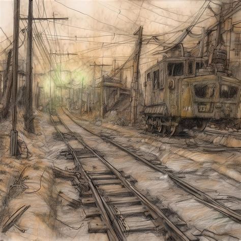 Premium AI Image | A drawing of a train track with a green light in the background.