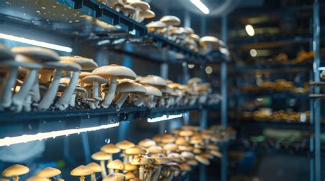 modern indoor mushroom farm  led lights  vertical stacked trays