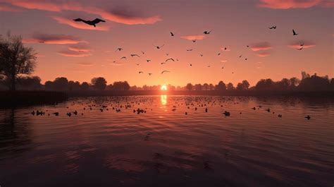 Premium Photo | A sunset with birds flying over a lake and a sunset with a few birds flying in ...