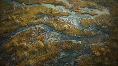 Premium Photo Aerial View Of A Marshy Area With A River And Power