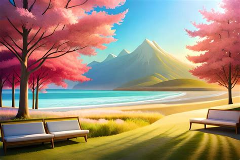 Premium Photo | A painting of a beach with a bench and a mountain in ...