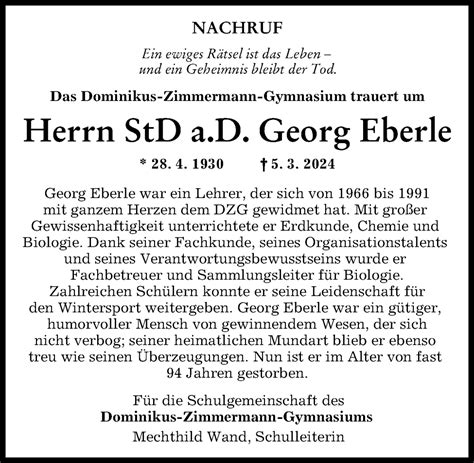 Traueranzeigen Von Georg Eberle Augsburger Allgemeine Zeitung