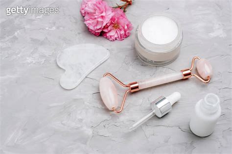 Cream Jar Serum Bottle Face Roller Gua Sha Stone And Pink Cherry