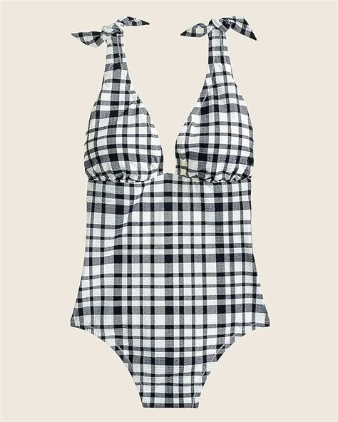 J Crew Tie Shoulder One Piece Swimsuit In Marine Plaid For Women