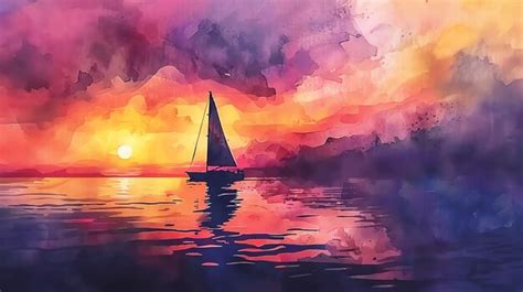 A watercolor painting of a sailboat on a calm sea at sunset | Premium AI-generated image