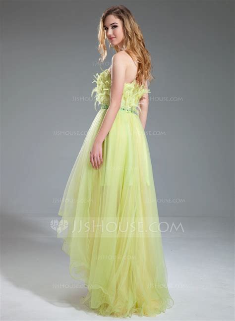 A Line Princess Strapless Asymmetrical Tulle Prom Dress With Beading