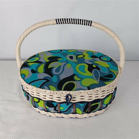 Vintage 60s Fabric Woven Wicker Sewing Basket Mid Century Kitsch Groov