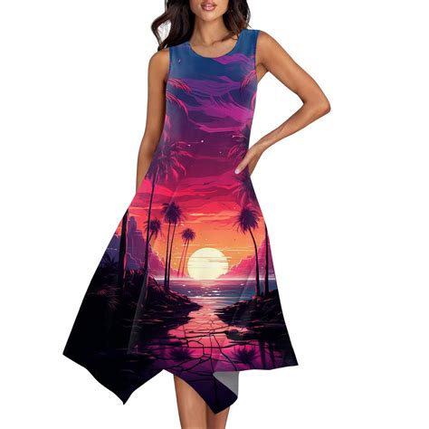 Knosfe Hawaiian Dress For Women Sleeveless Boho Crew Neck Maxi