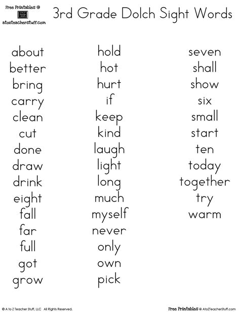 Dolch 1st Grade Sight Word List