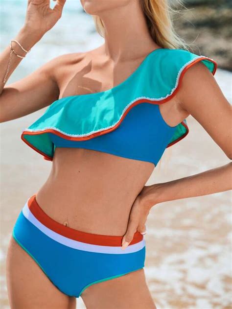 Shein Colorblock Ruffle Trim One Shoulder Bikini Swimsuit Shein Usa