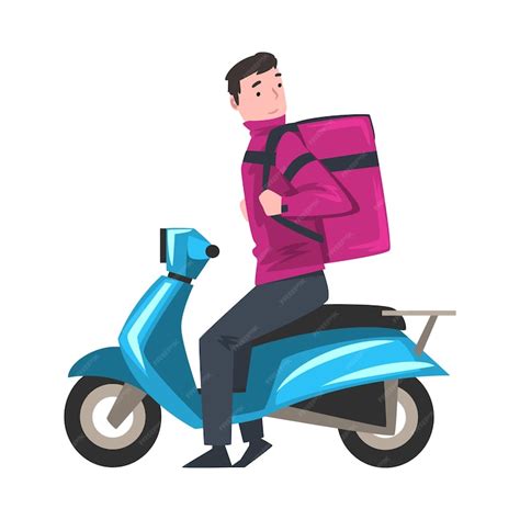 Premium Vector Delivery Man Riding Blue Scooter With Parcel Box On