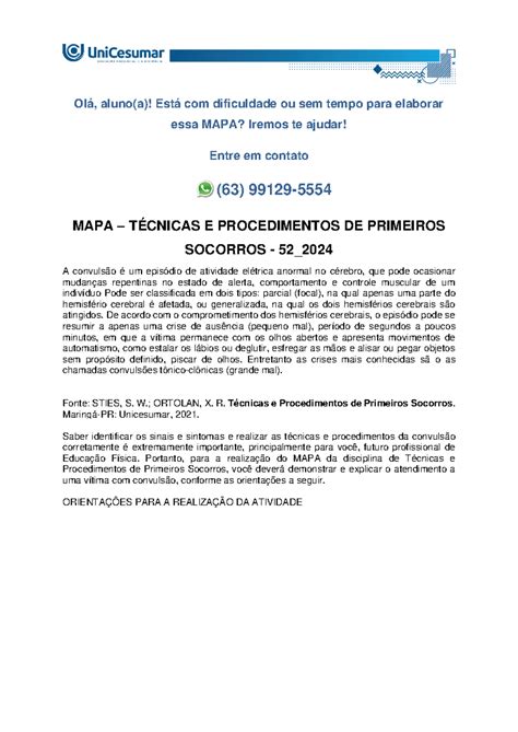 MAPA TÉCNICAS E PROCEDIMENTOS DE PRIMEIROS SOCORROS 52 2024 Olá