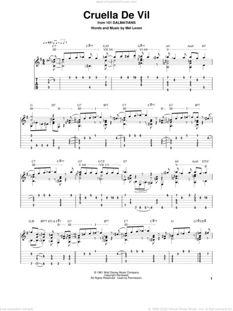 Cruella De Vil From 101 Dalmations Sheet Music Intermediate For Guitar Solo