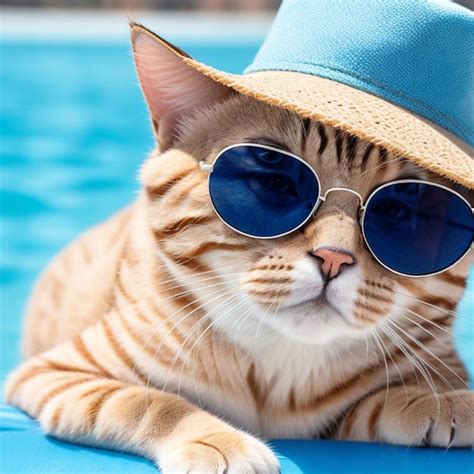 Gato Lindo Con Sombrero Azul Y Gafas De Sol Acostado En La Arena En La