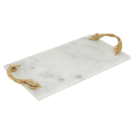 Litton Lane White Marble Decorative Tray With Gold Twisted Leaf Handles