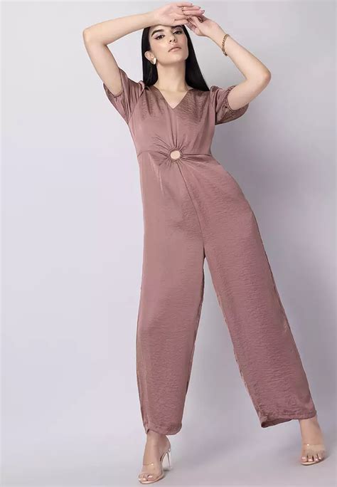 Buy Faballey Pink Satin Front Cut Out Jumpsuit Online Zalora