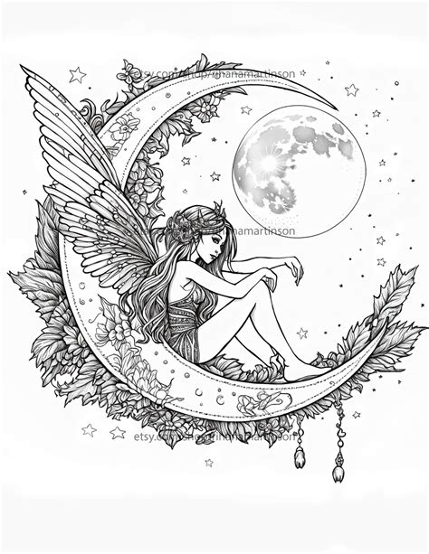 Fantasy Fairy Printable Adult Coloring Book Page Ornate Crescent Moon