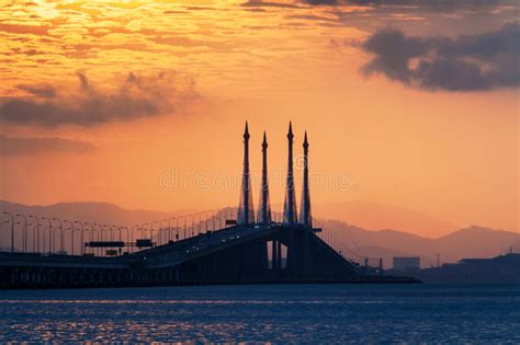 Sunrise By The Shore With View Of Penang Bridge Stock Image Image Of