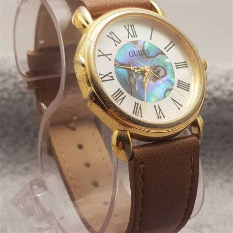 Vintage Guess Quartz Watch Multicolor Dial Brown Leat Gem