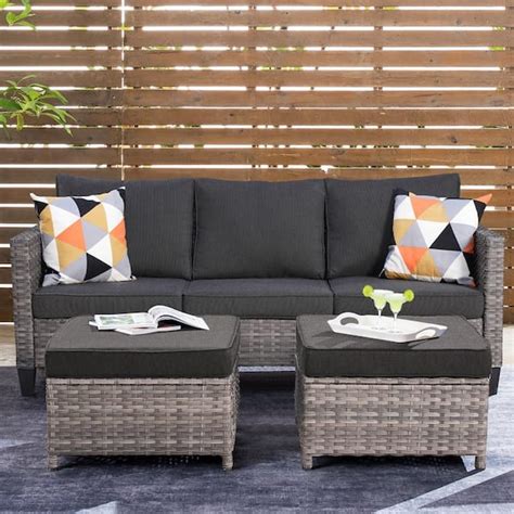 OVIOS New Vultros Gray 3 Piece Wicker Outdoor Lounge Chair With Black