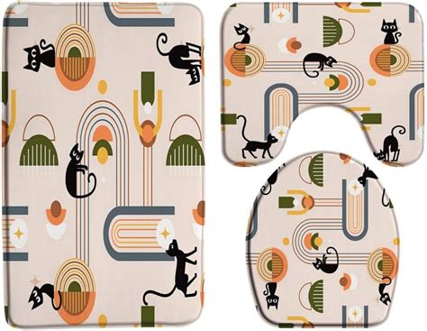 Mid Century Modern Bath Mat Set Black Cat Abstract Retro Geometric Cute